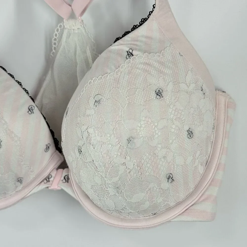Victoria’s Secret Body By Victoria white pink stripe lace VS logo racer back Dem